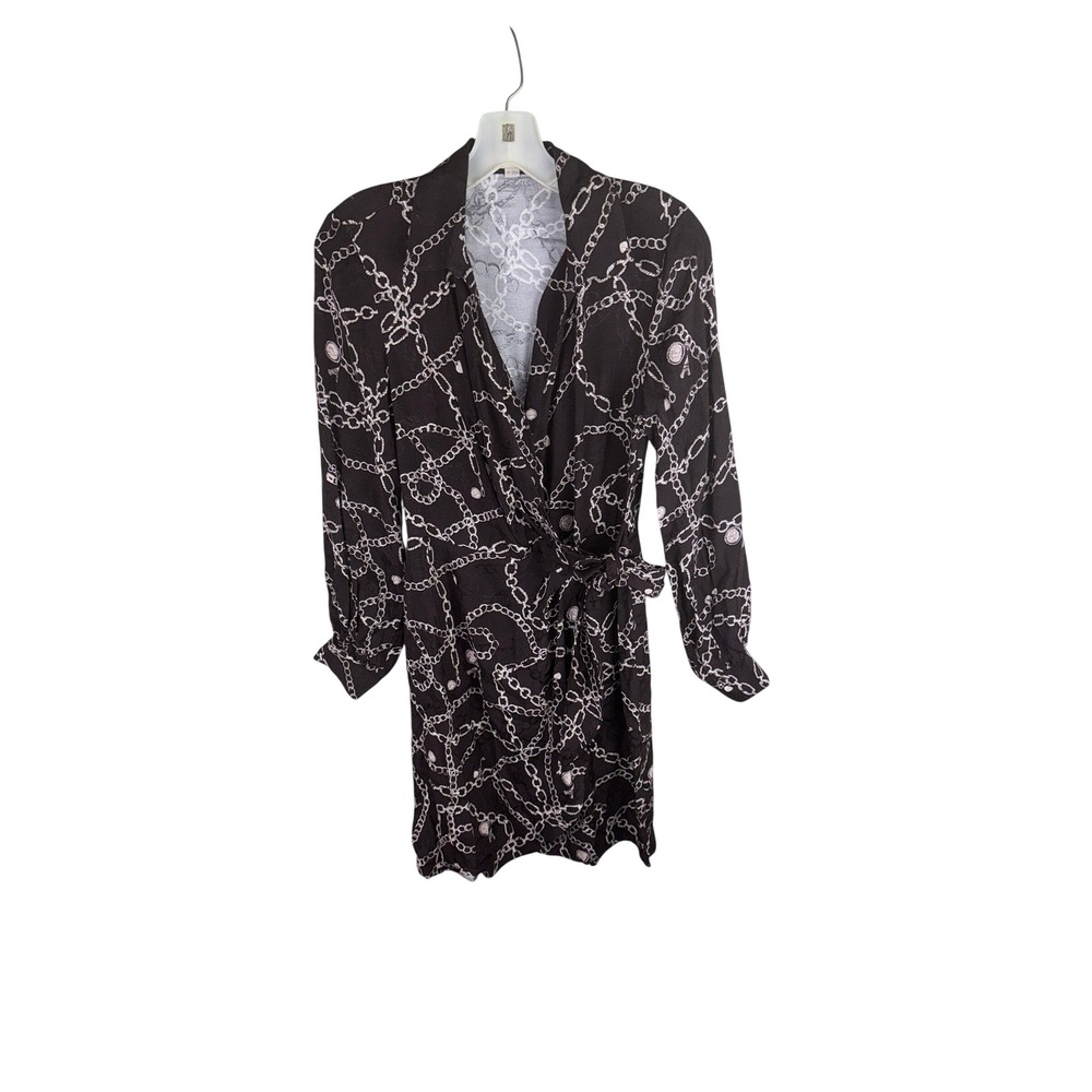 LOFT Petites Brown Chain Link Print Wrap Dress Long Sleeve V-Neck Size 0P